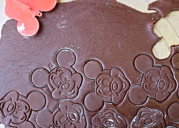 Vintage mickey mouse cookie cutter and chocolate cookie dough
