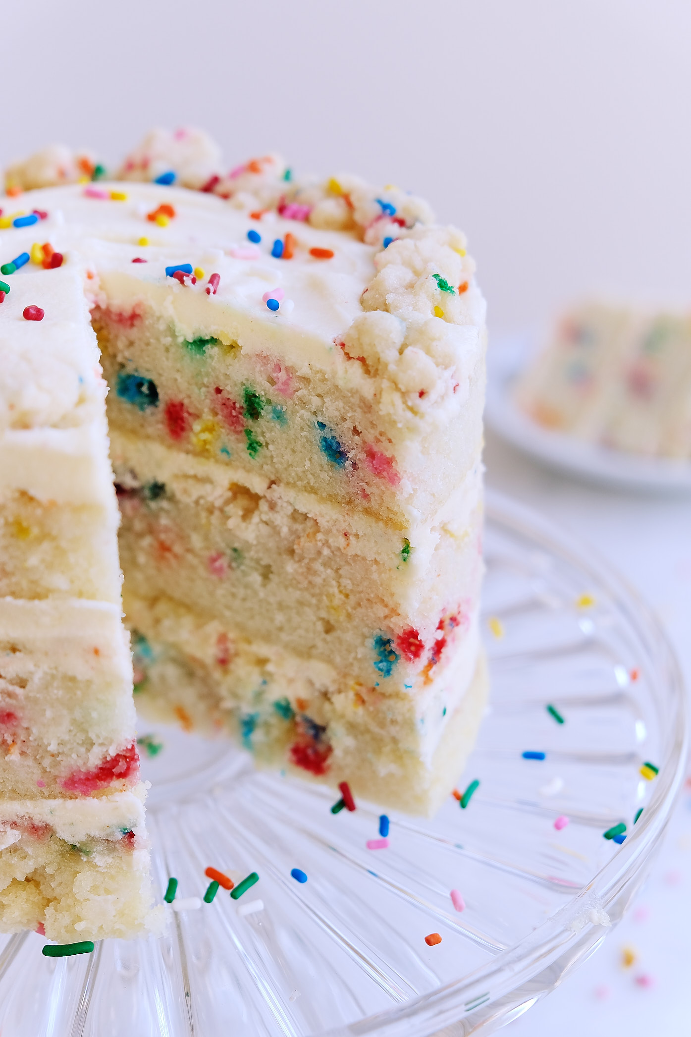 A side view inside a dairy-free egg-free Milk Bar Birthday Cake on a cake stand.