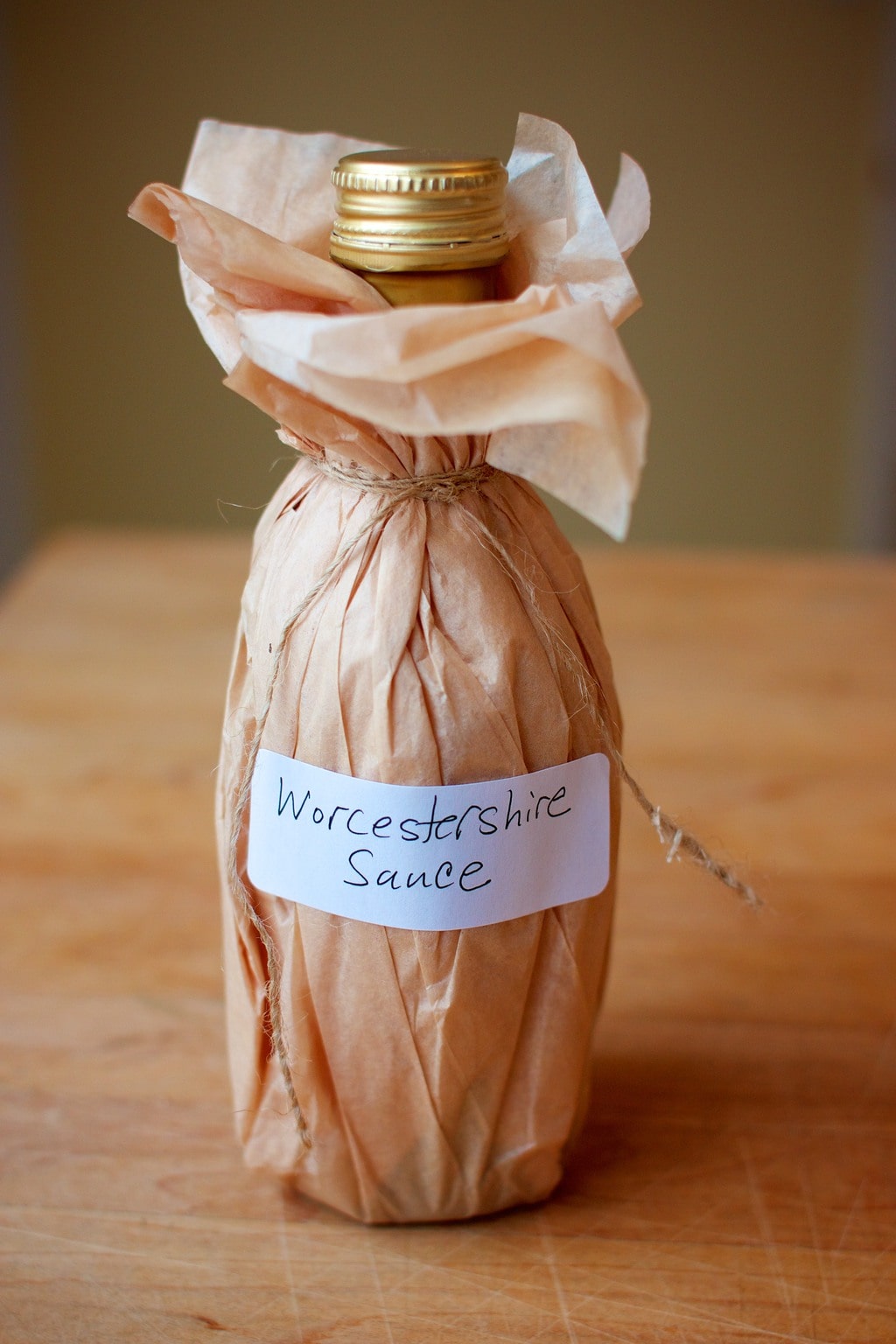 A bottle of homemade dairy-free and fish-free worcestershire sauce. 